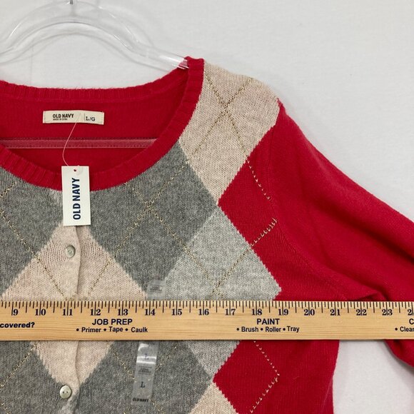 NWT Vintage Old Navy Large Red Gray Argyle Soft Knit Long Sleeve Cardigan Preppy - Picture 6 of 9